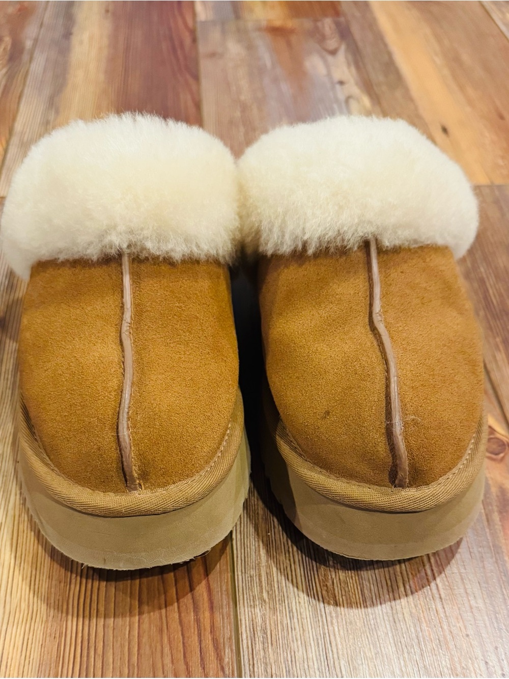 UGG Chestnut Suede Shearling Platform Slippers